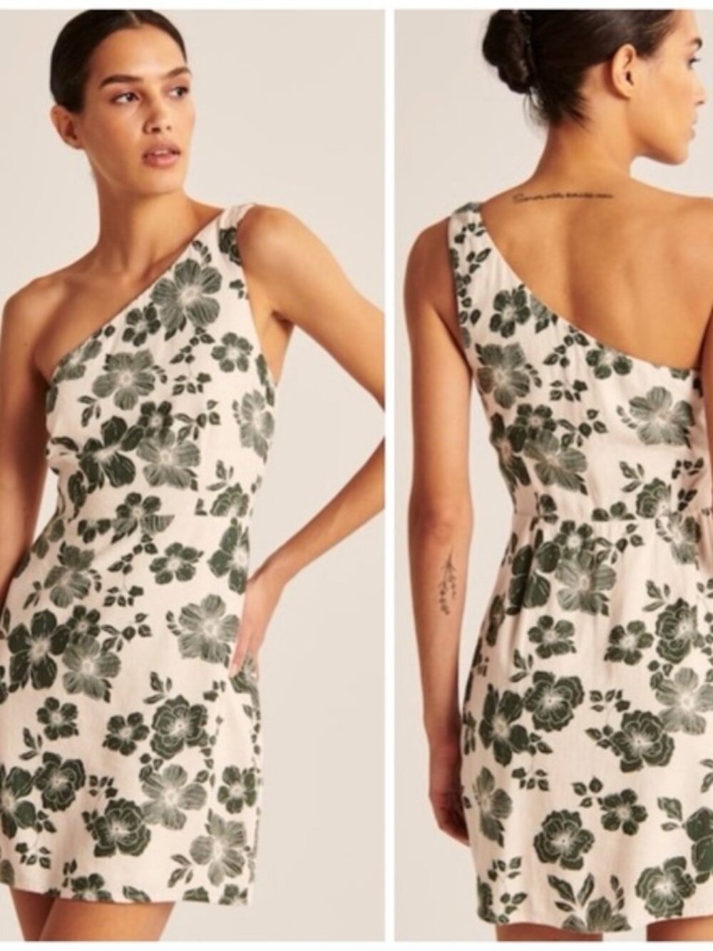 Abercrombie & Fitch One-Shoulder Floral Mini Dress in Cream and Green